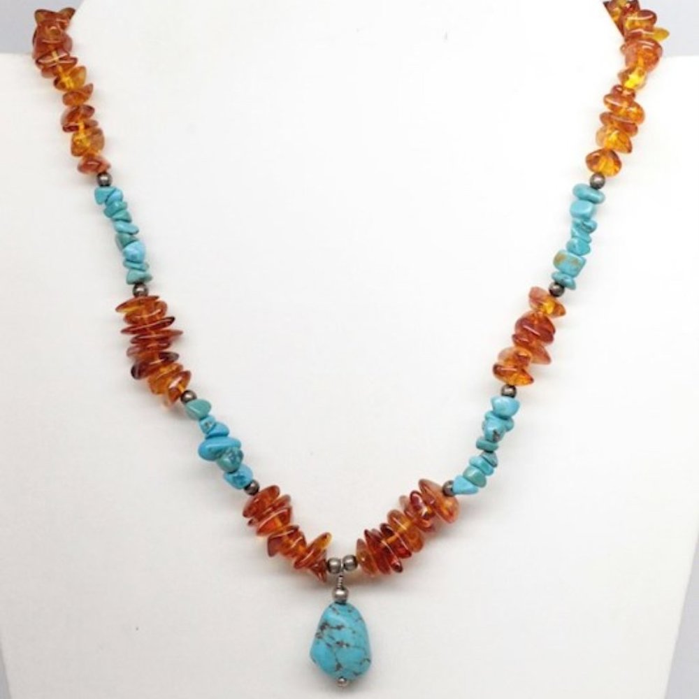 VtgGeorge Schuler Necklace Amber Turquoise& Silver